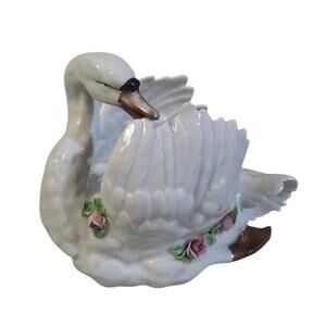Vtg Dresden Swan and Roses Bowl Planter White Vanity Bathroom Decor